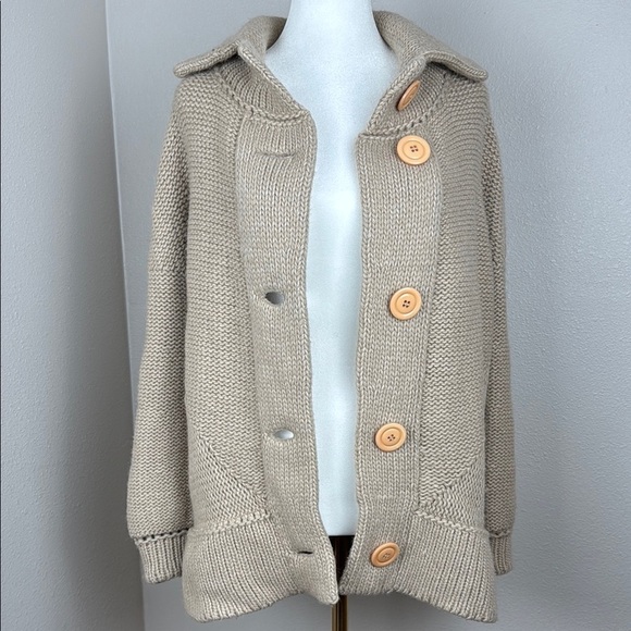 System Chunky Beige Oatmeal High-Neck Wool-Blend Button-Up Cardigan sz M - Picture 1 of 12